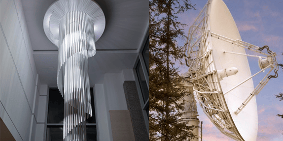 A side-by-side image of Earth Pulse and a large, ground-based satellite dish.