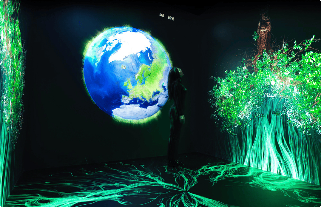 A globe image of Earth with neon trees.