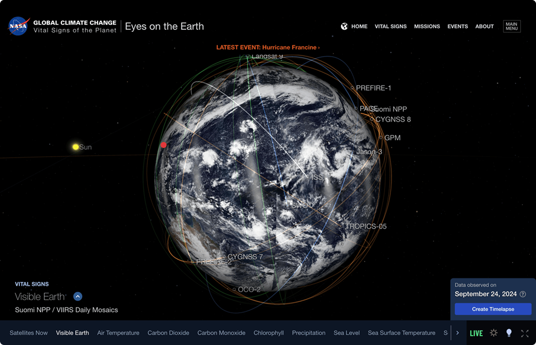 NASA's Eyes on Earth with an image of a globe with the paths of satellites orbiting the globe.